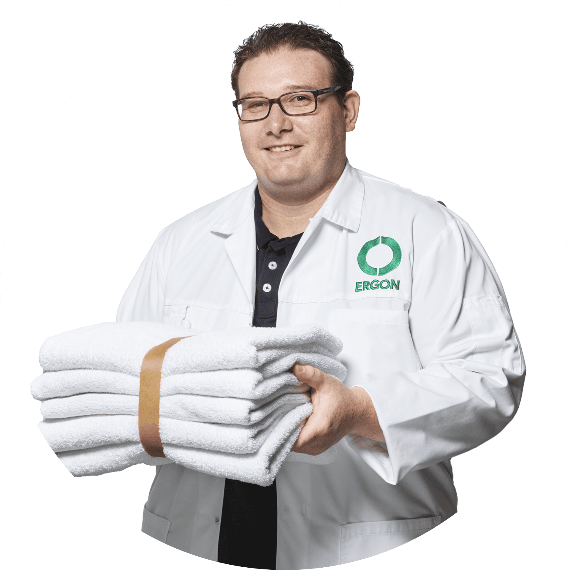 Decoratieve bewerking van een medewerker van Ergon Wasserij in het Ergon logo.